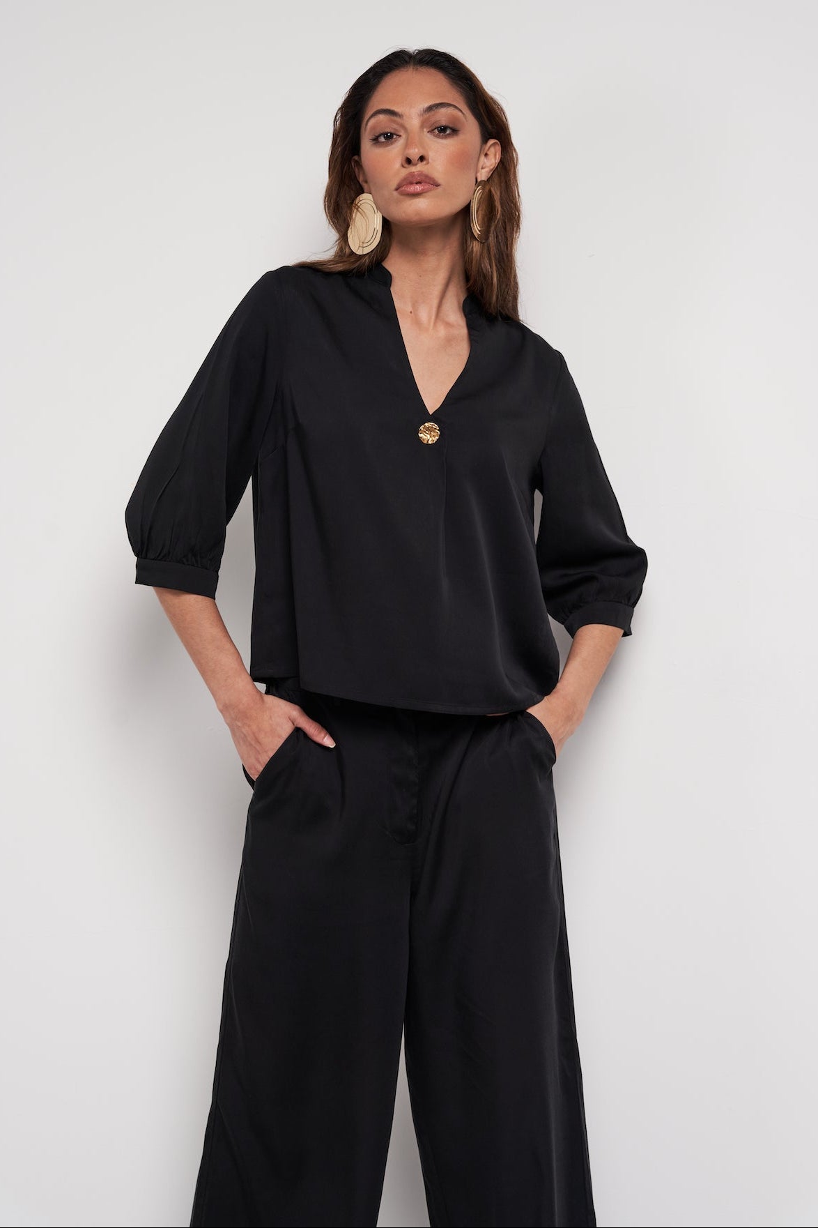 Viscose Wrap Blouse & Trouser Co-ord Set - Black