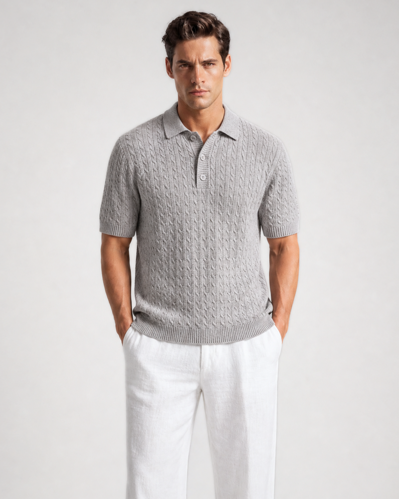 CABLE KNIT SHORT SLEEVE POLO SHIRT