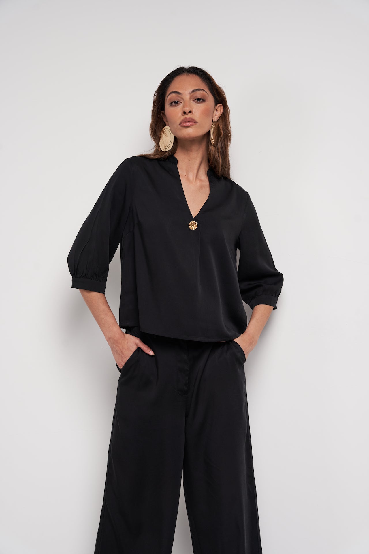 Viscose Wrap Blouse & Trouser  Co-ord Set - Black