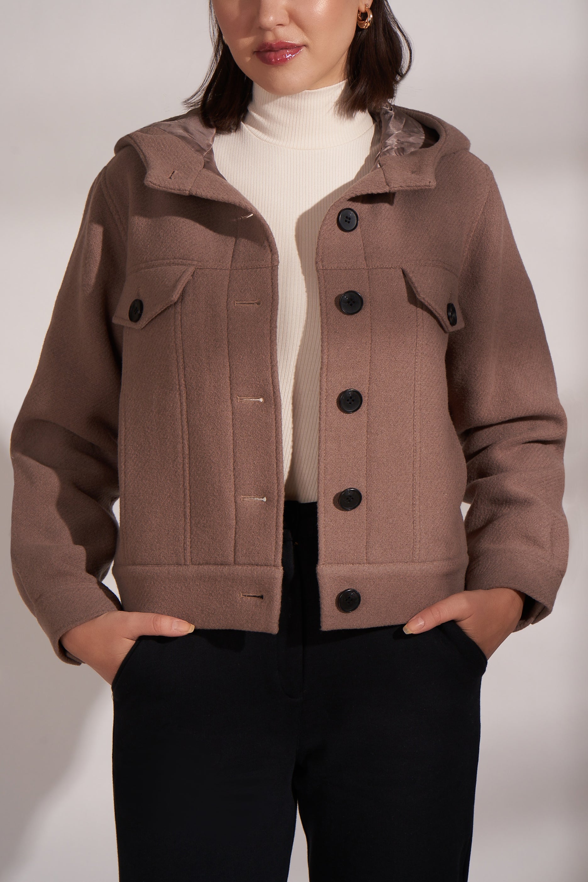 TAUPE,wool coat with hood, short wool jacket, short wool coat, short coat womens, brown jacket women